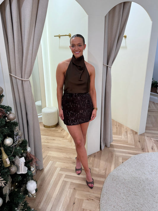 Sequin Mini Skirt in Brown