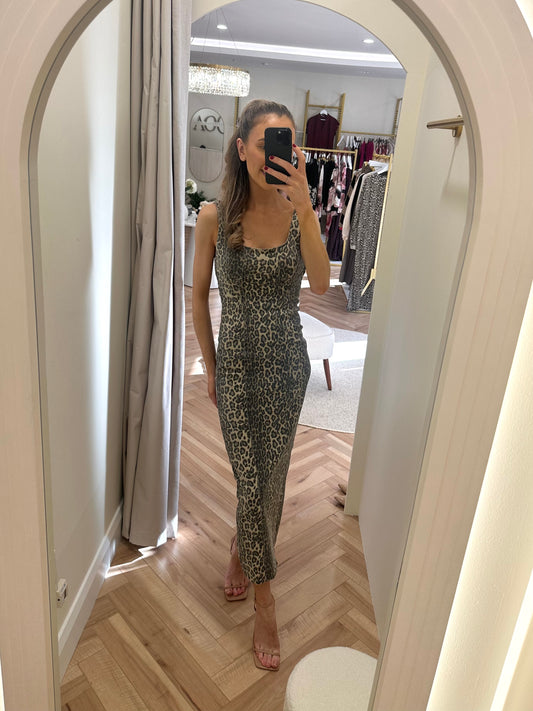 Leopard Print Denim Maxi Dress