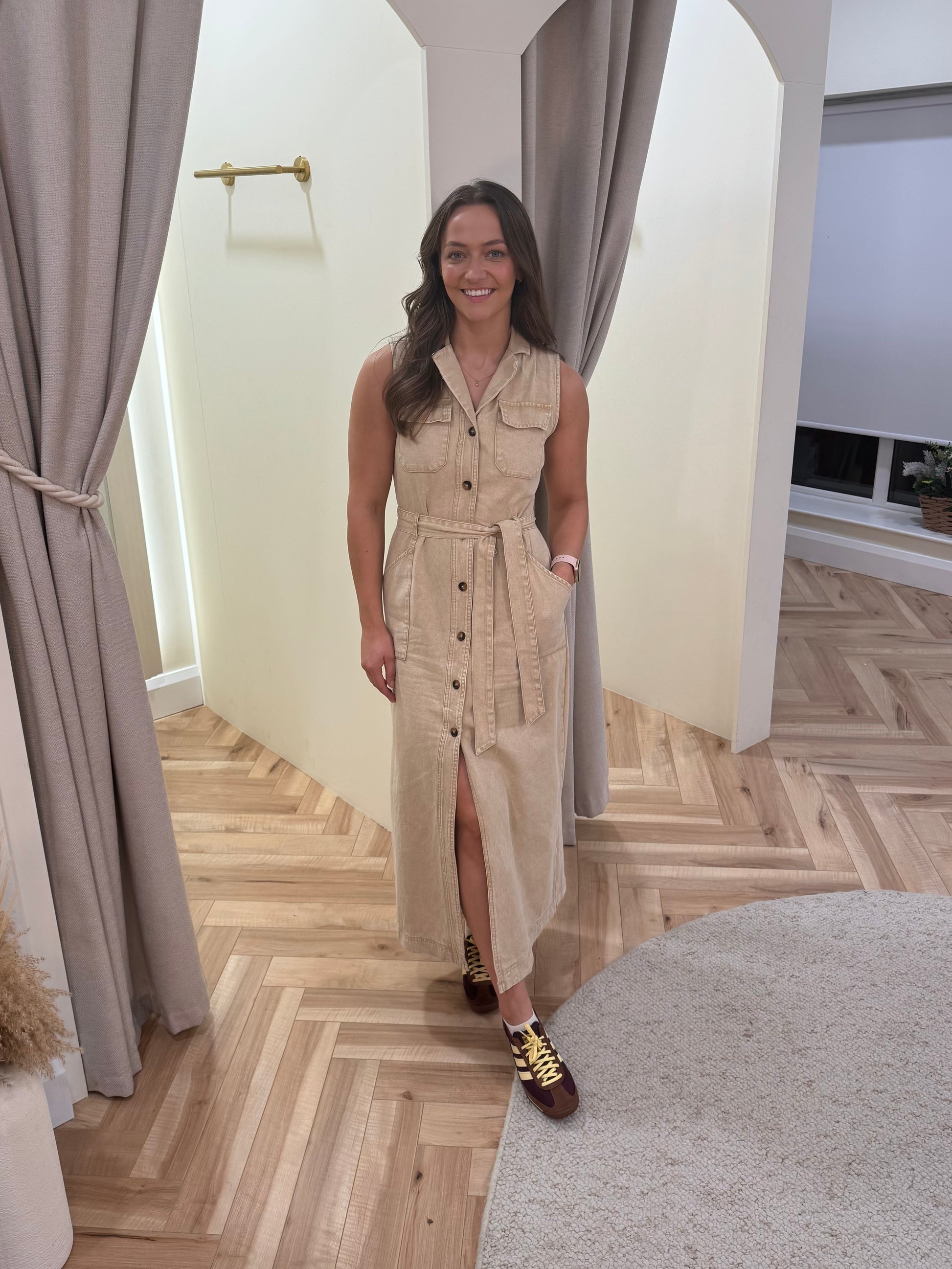 Jenna Denim Dress in Beige All Occasions Closet Jenna Denim Dress in Beige All Occasions Closet