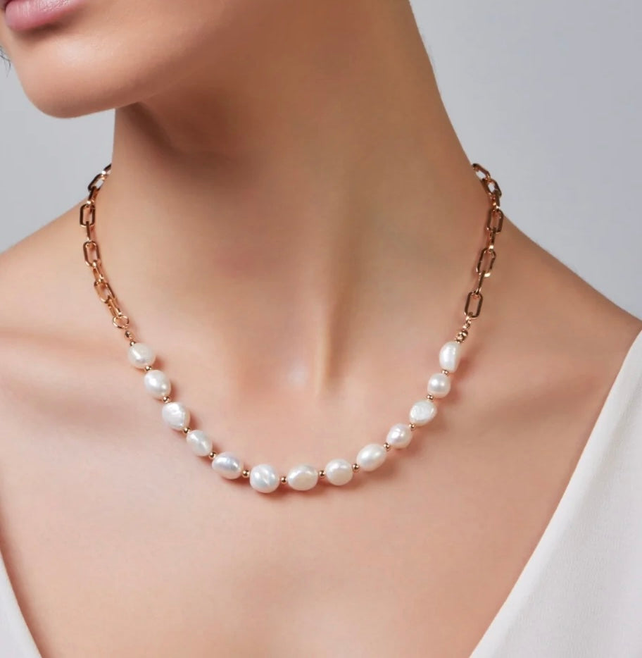 FRESHWATER PEARL & PAPERCLIP CHAIN NECKLACE, GOLD