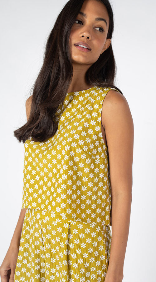 Traffic People Evie Chartreuse Green Sleeveless Flower Top