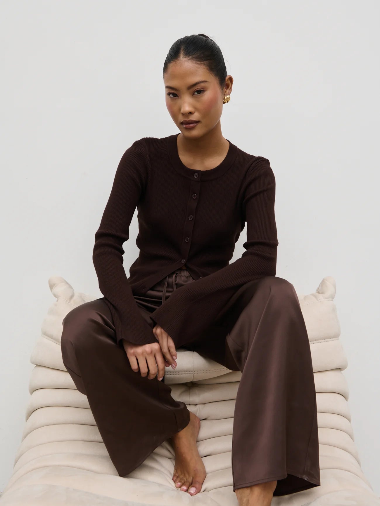 Breya Satin Drawstring Trousers in Brown