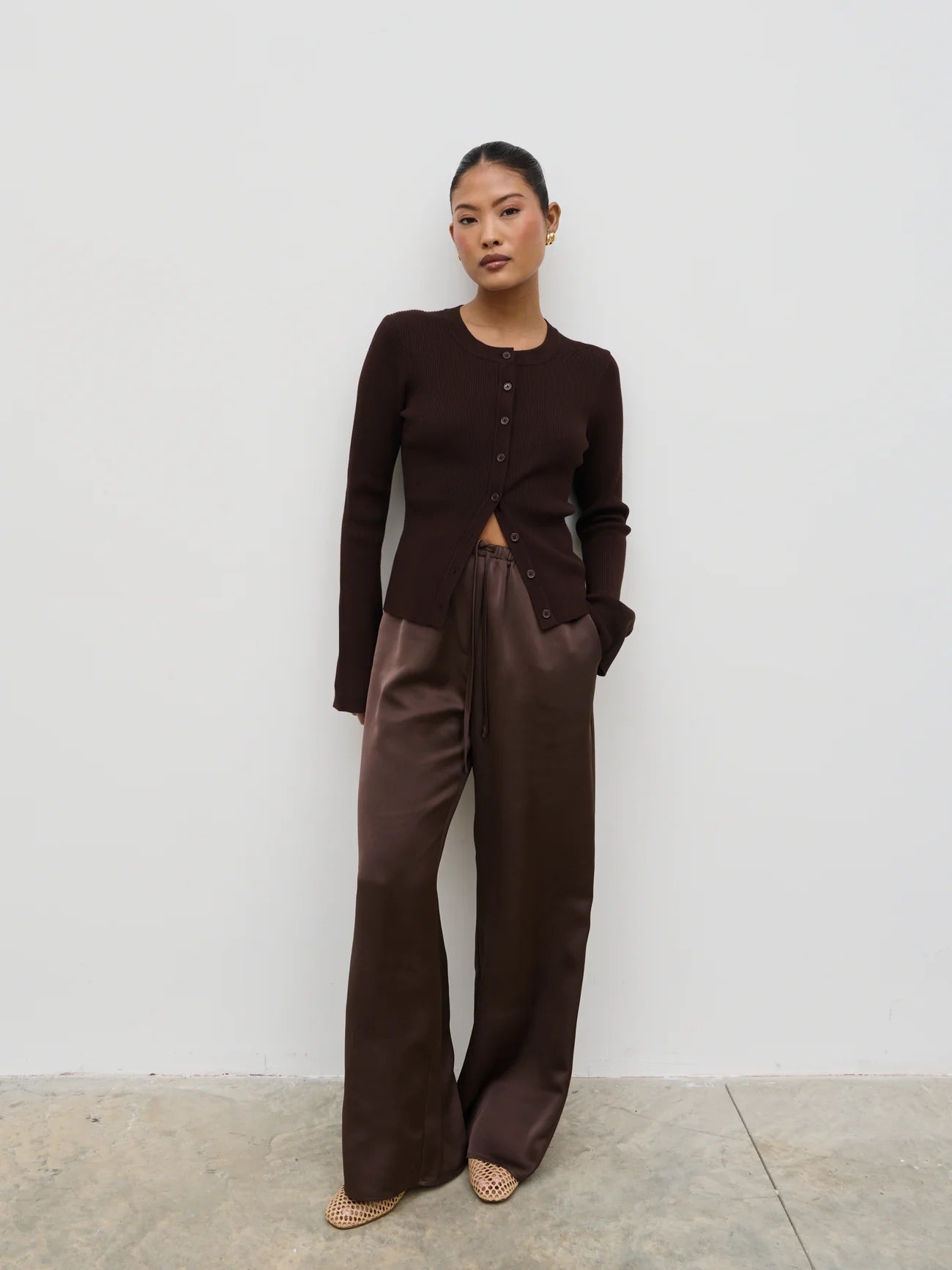 Breya Satin Drawstring Trousers in Brown