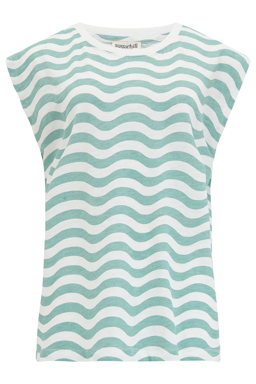 Sugarhill Brighton Chrissy Relaxed Tank T-shirt - Off-White/Sea Green, Wavy Stripes
