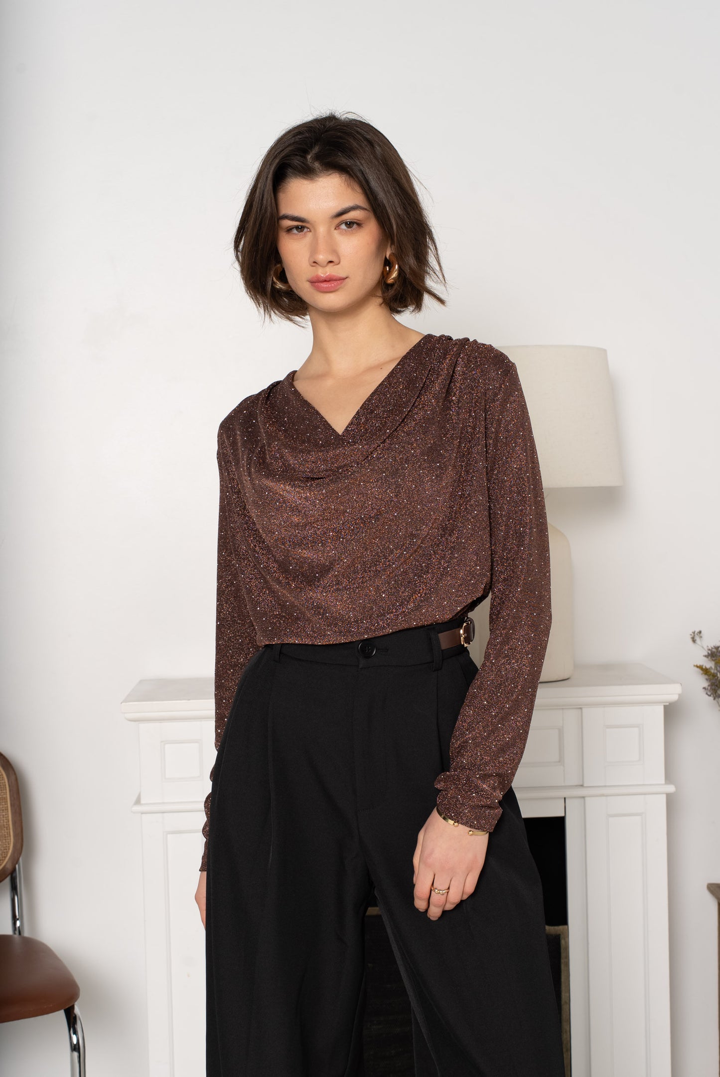 Lila Cowl Neck Top in Brown