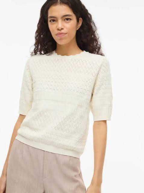 Vimilos S/S O neck Pointelle Top in Whisper White