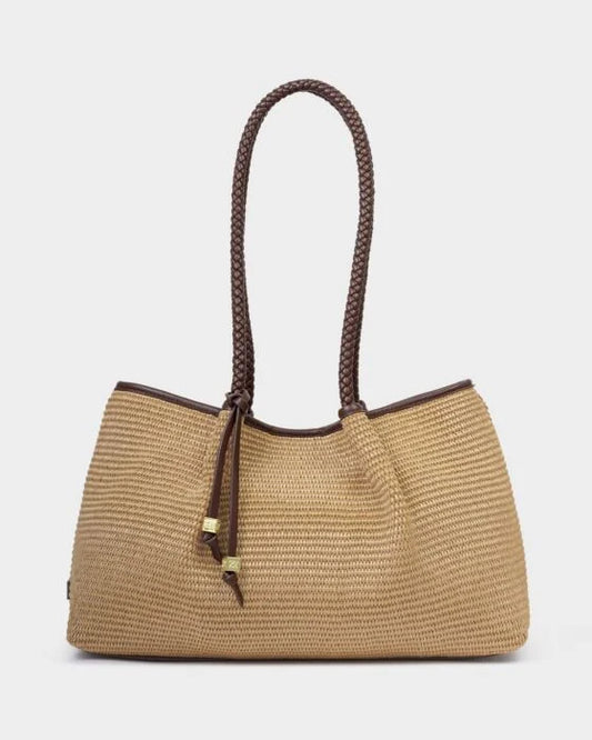 Nova Raffia Small Shoulder Tote in Chocolate
