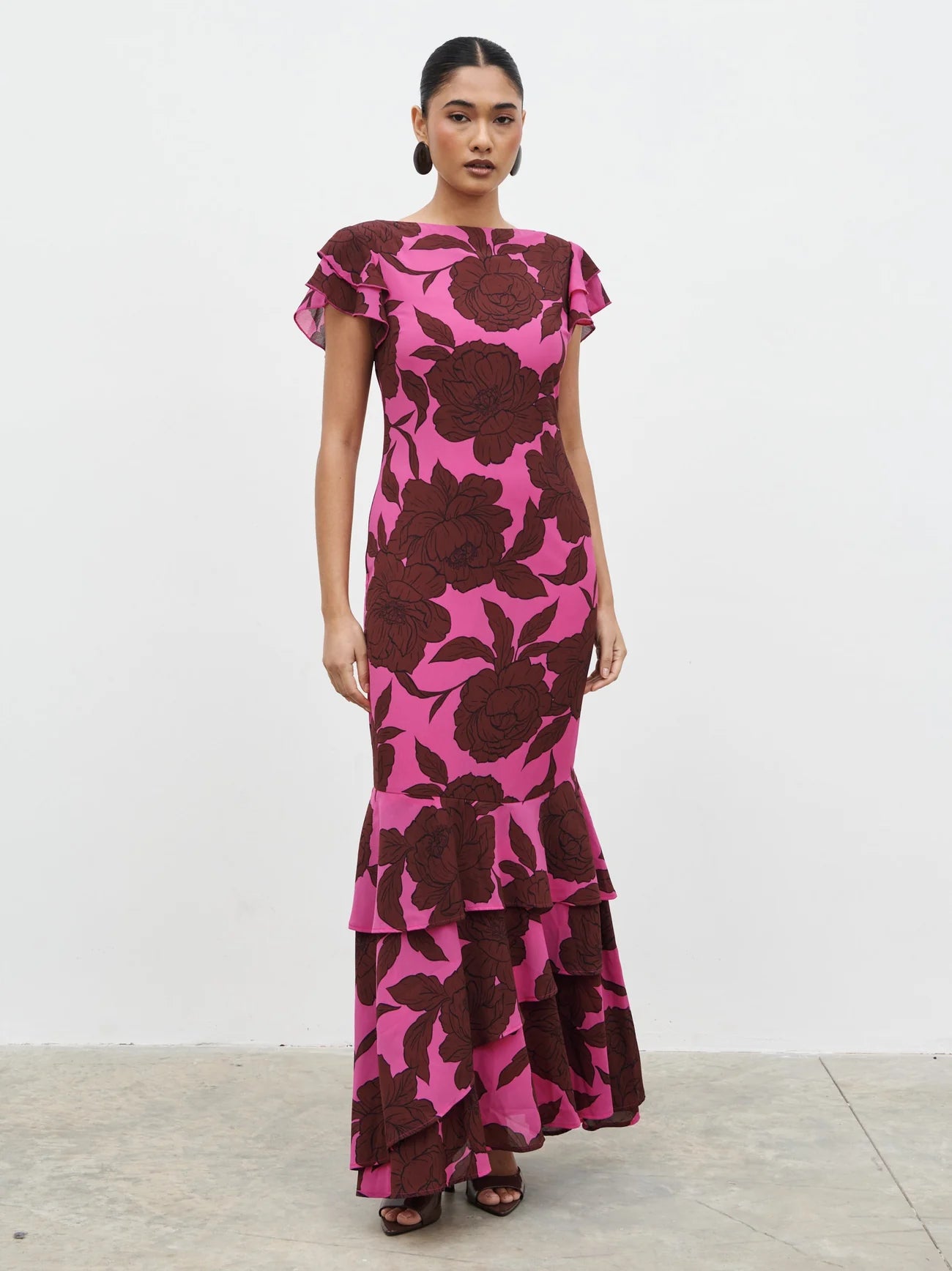 Ester Ruffle Maxi Dress in Brown and Fuchsia Floral