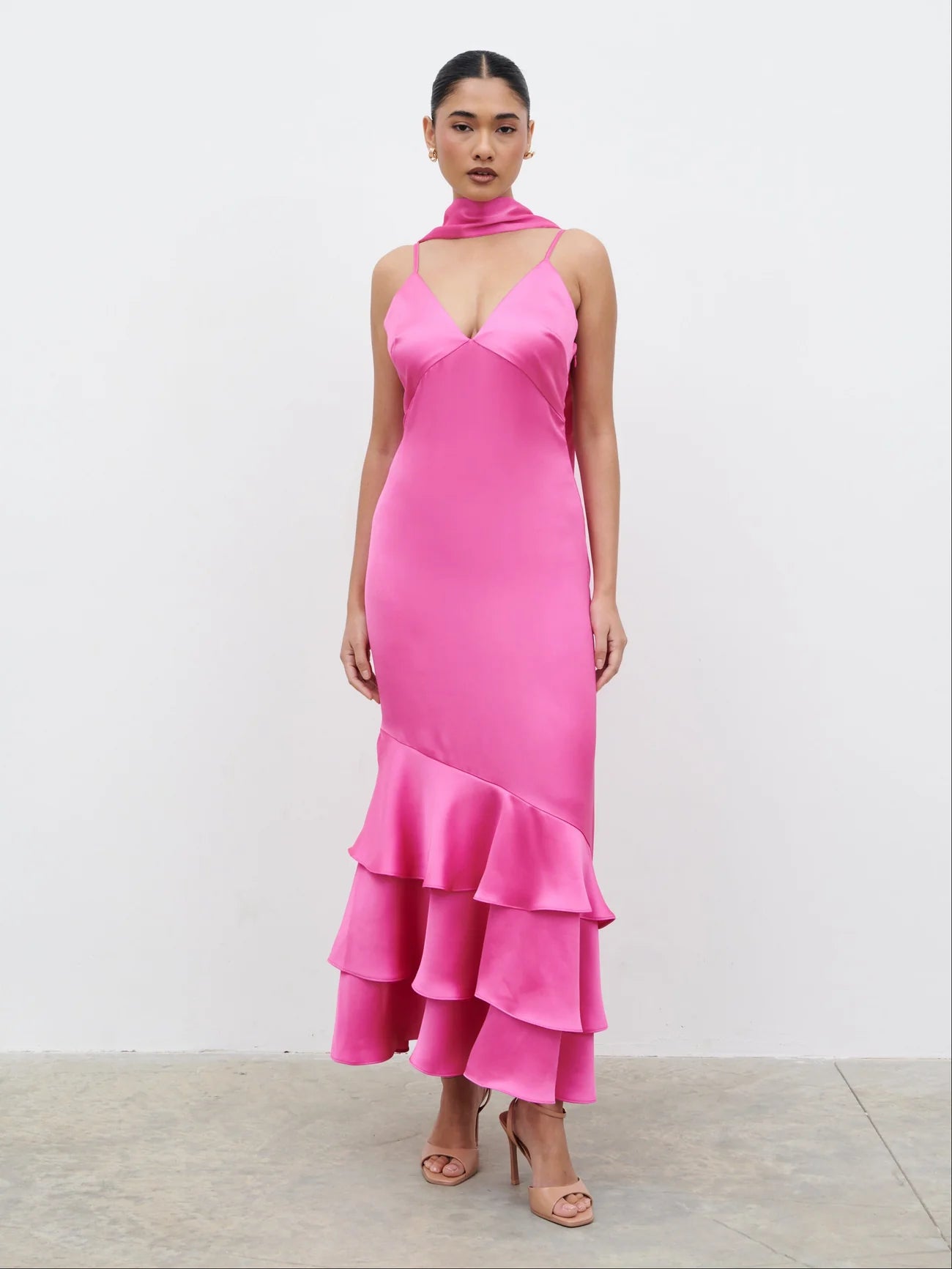 Serita V Neck Tiered Maxi Dress in Fuchsia