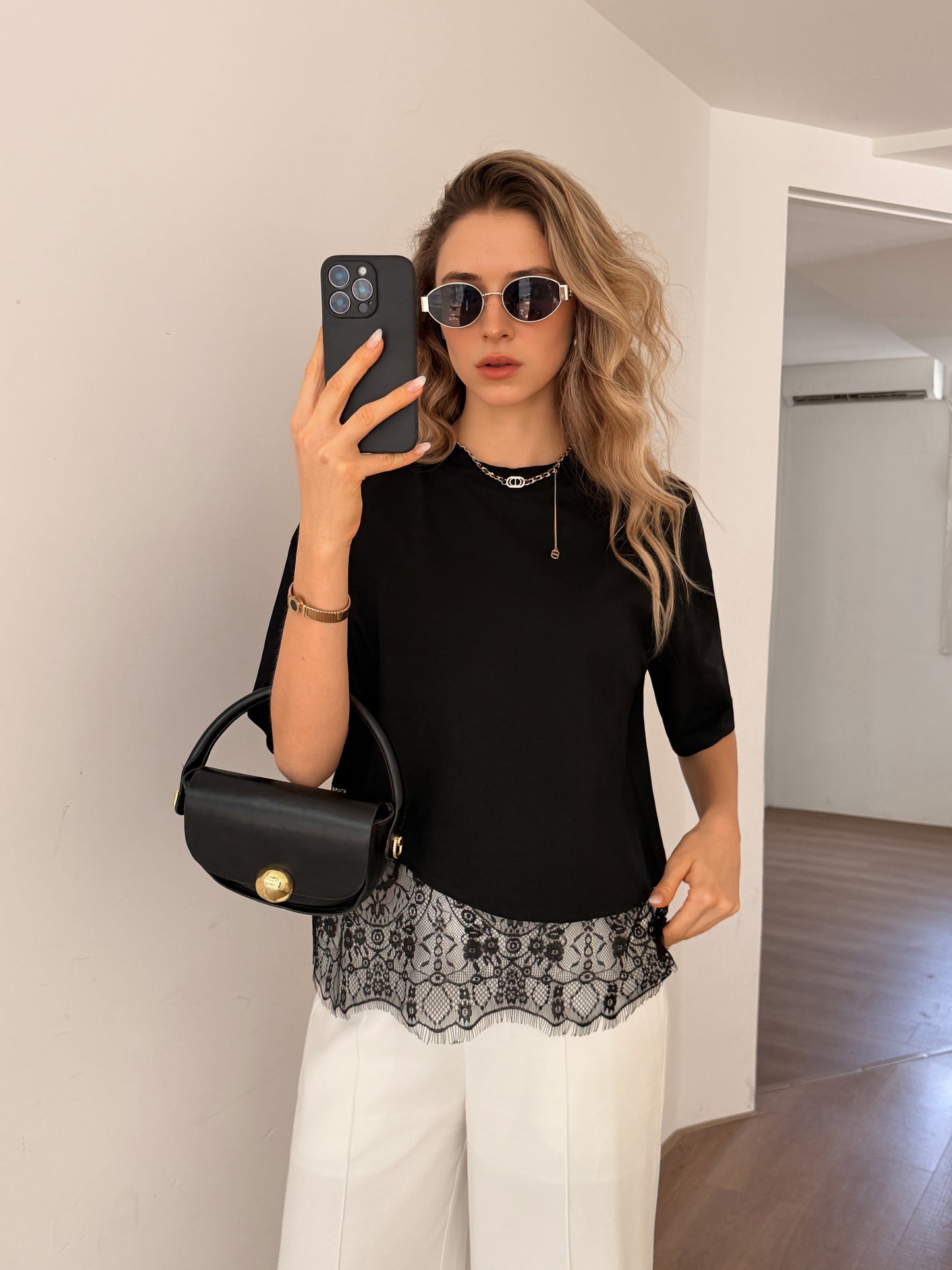 Amelia Lace Hem Top in Black