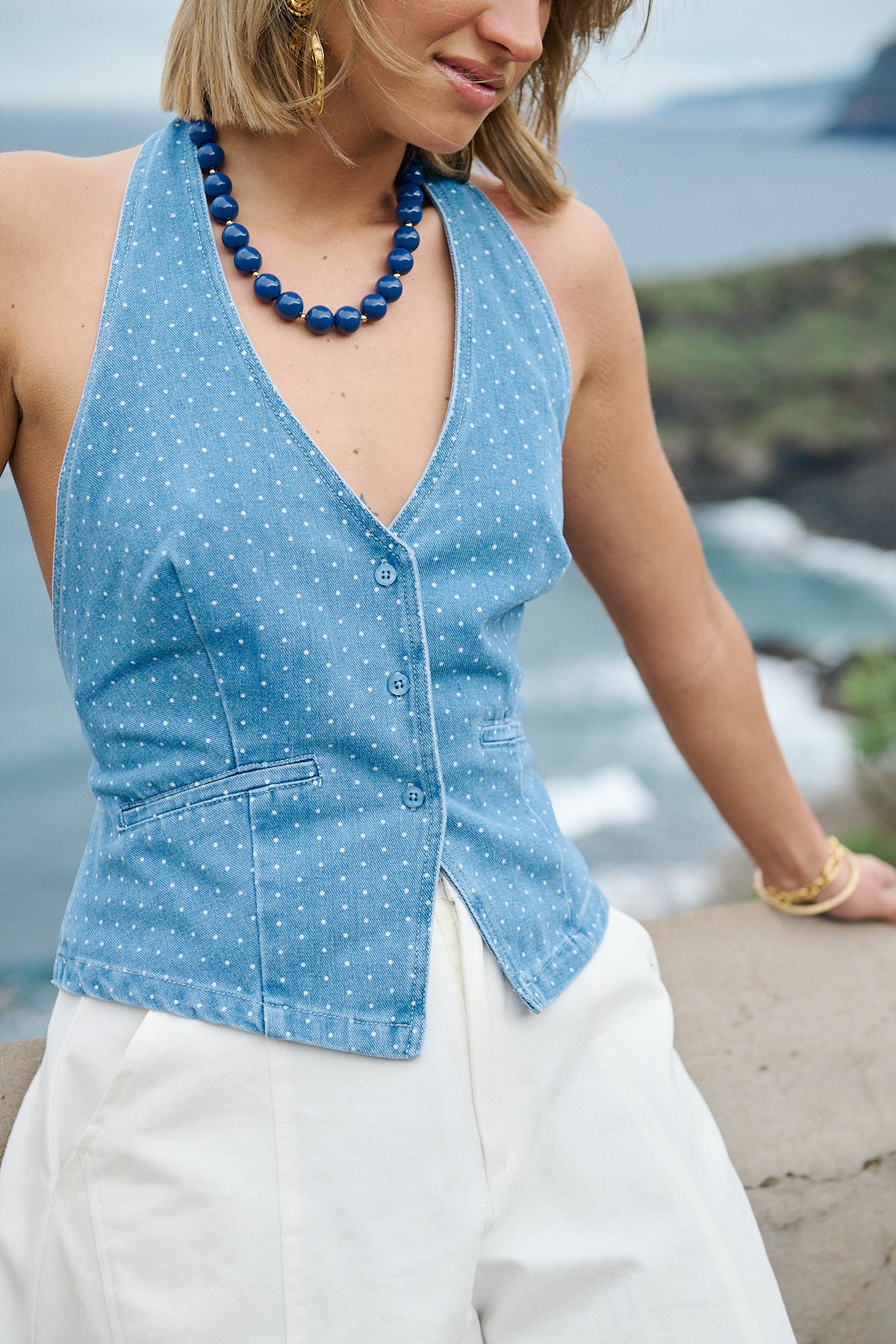 Keeva Light Denim Polka Dot backless Waistcoat