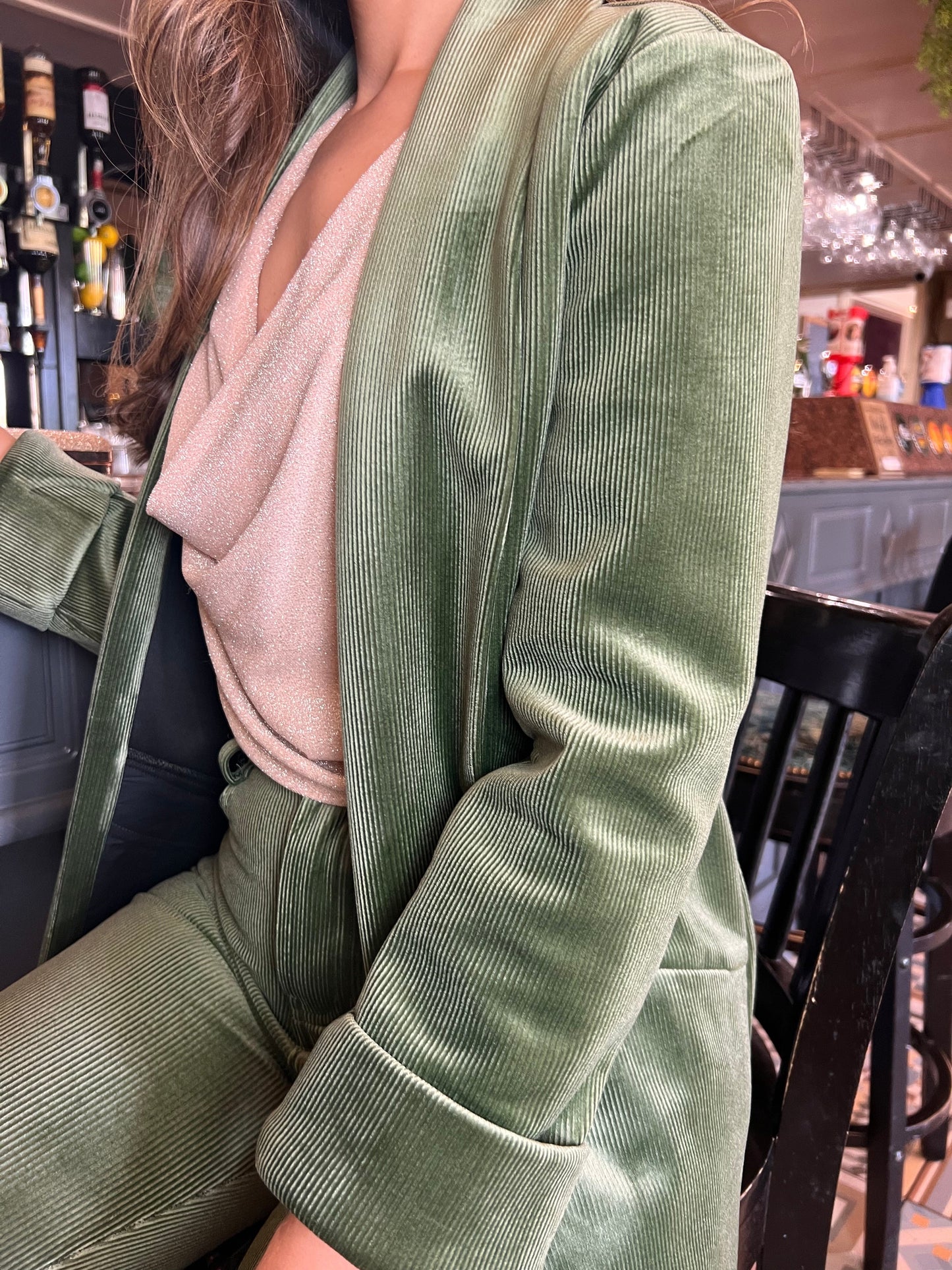 Traffic People Velvet Cord Boyfriend Jacket in Green