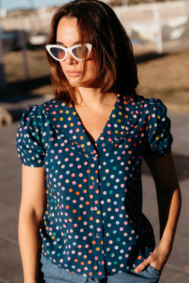 Sugarhill Brighton Elaine Frill Blouse - Petrol Navy, Rainbow Marbles