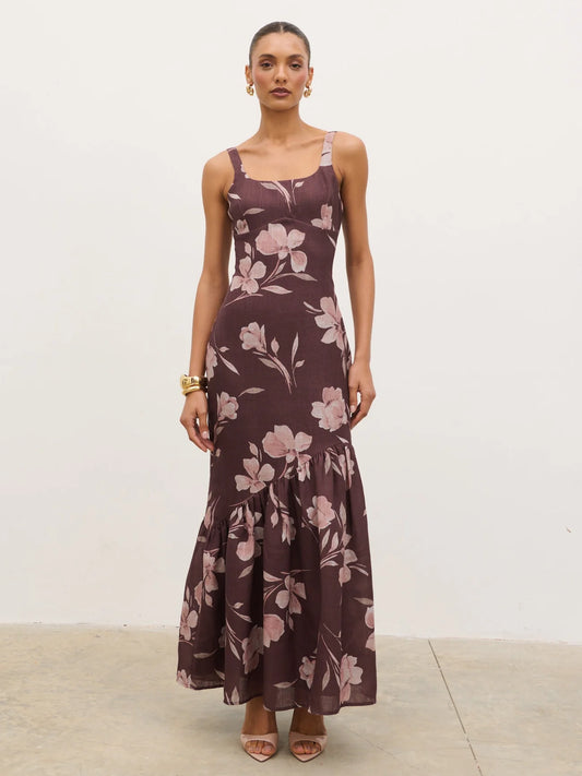 Kaia Scoop Neck Printed Frill Maxi Dress
