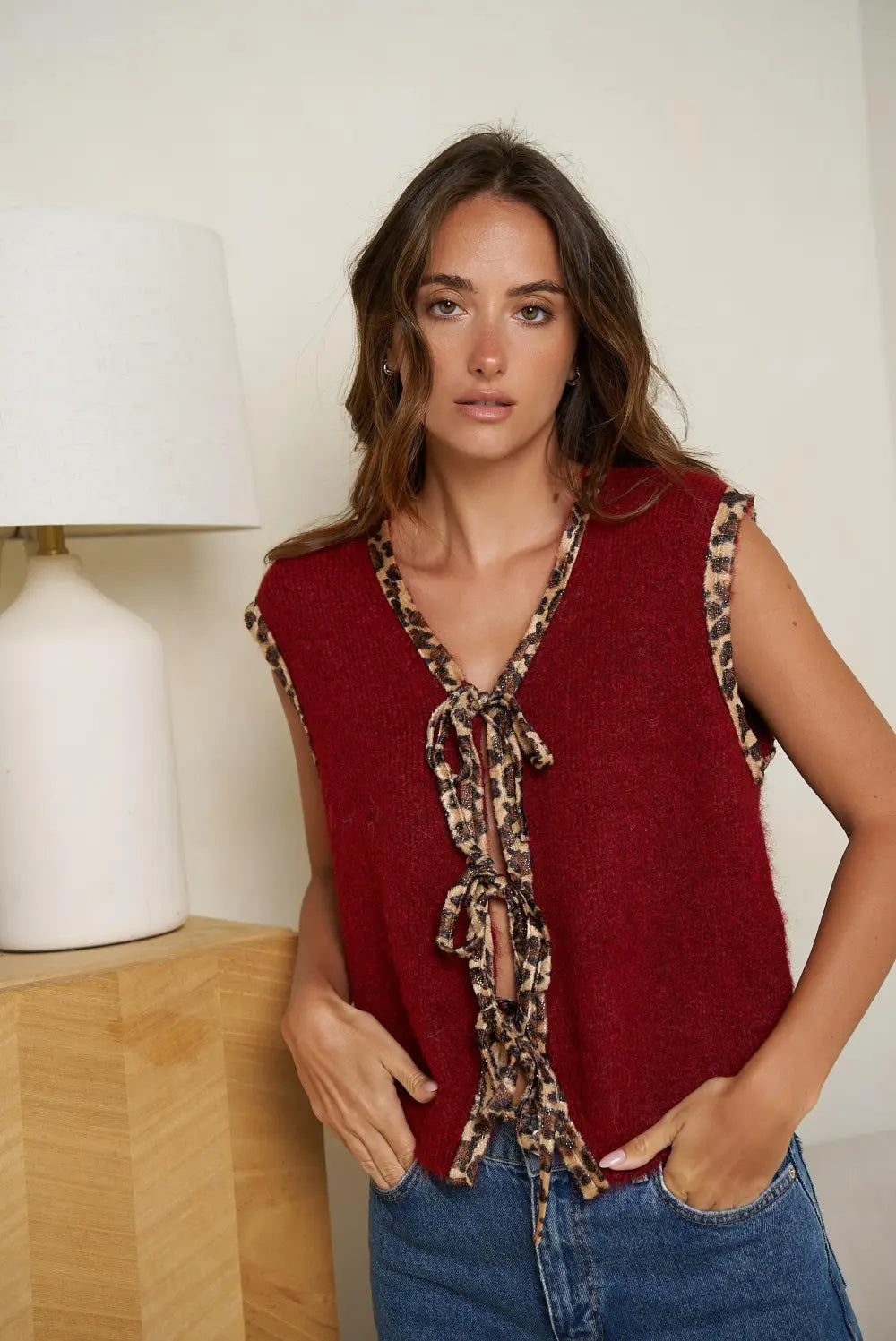 Leopard Trimmed Knit Waistcoat in Burgundy