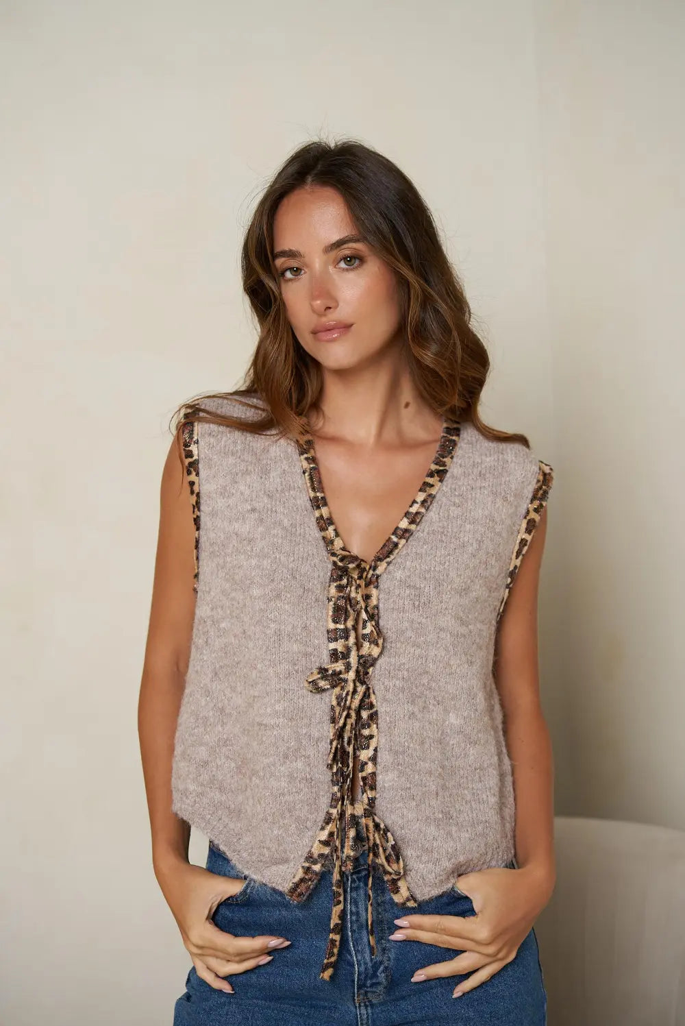 Leopard Trimmed Knit Waistcoat in Taupe