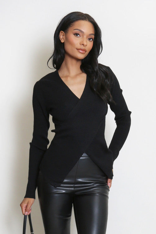 Fine Knit Crossover top in Black