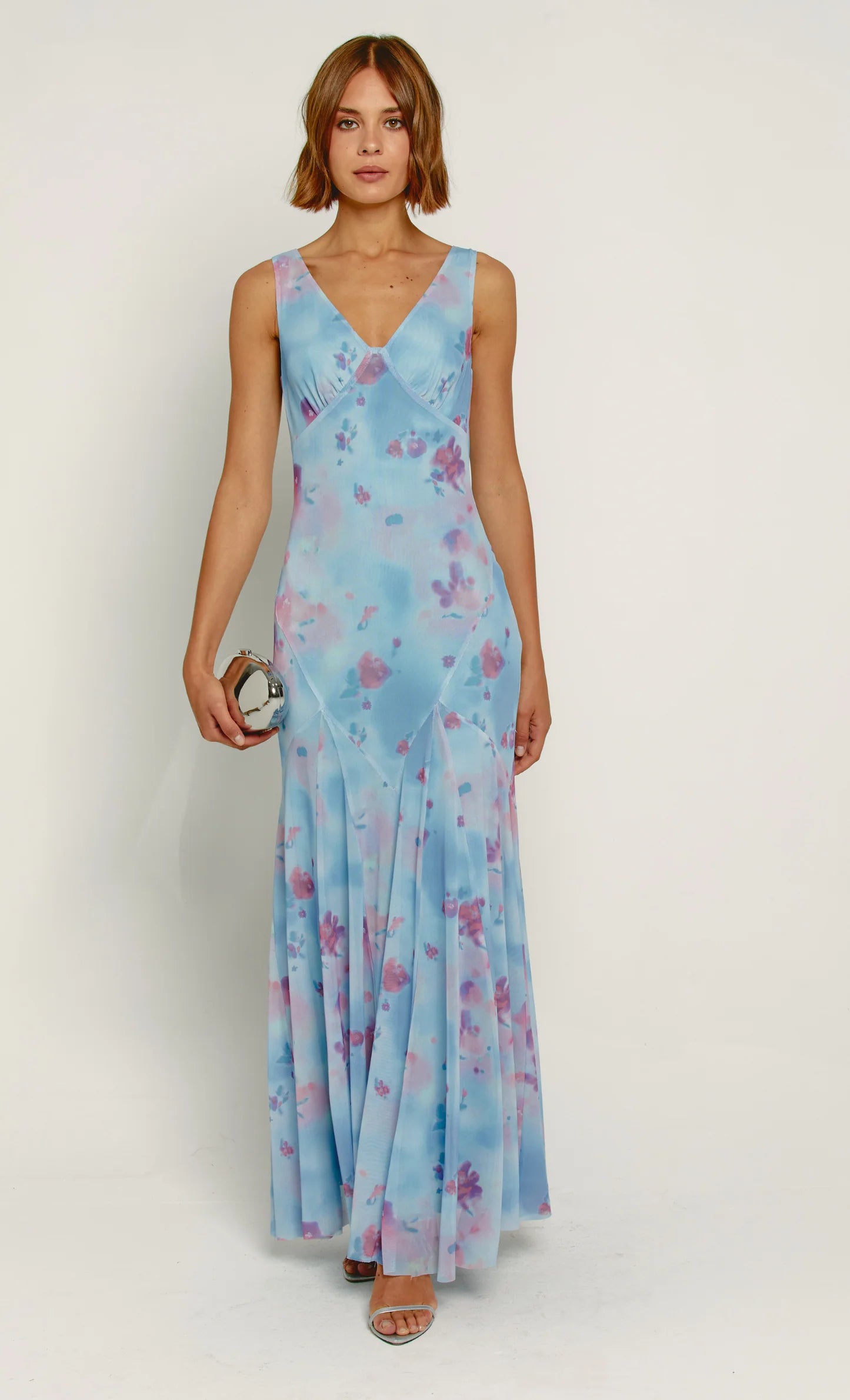 Blue Floral Blur Godet Maxi Dress