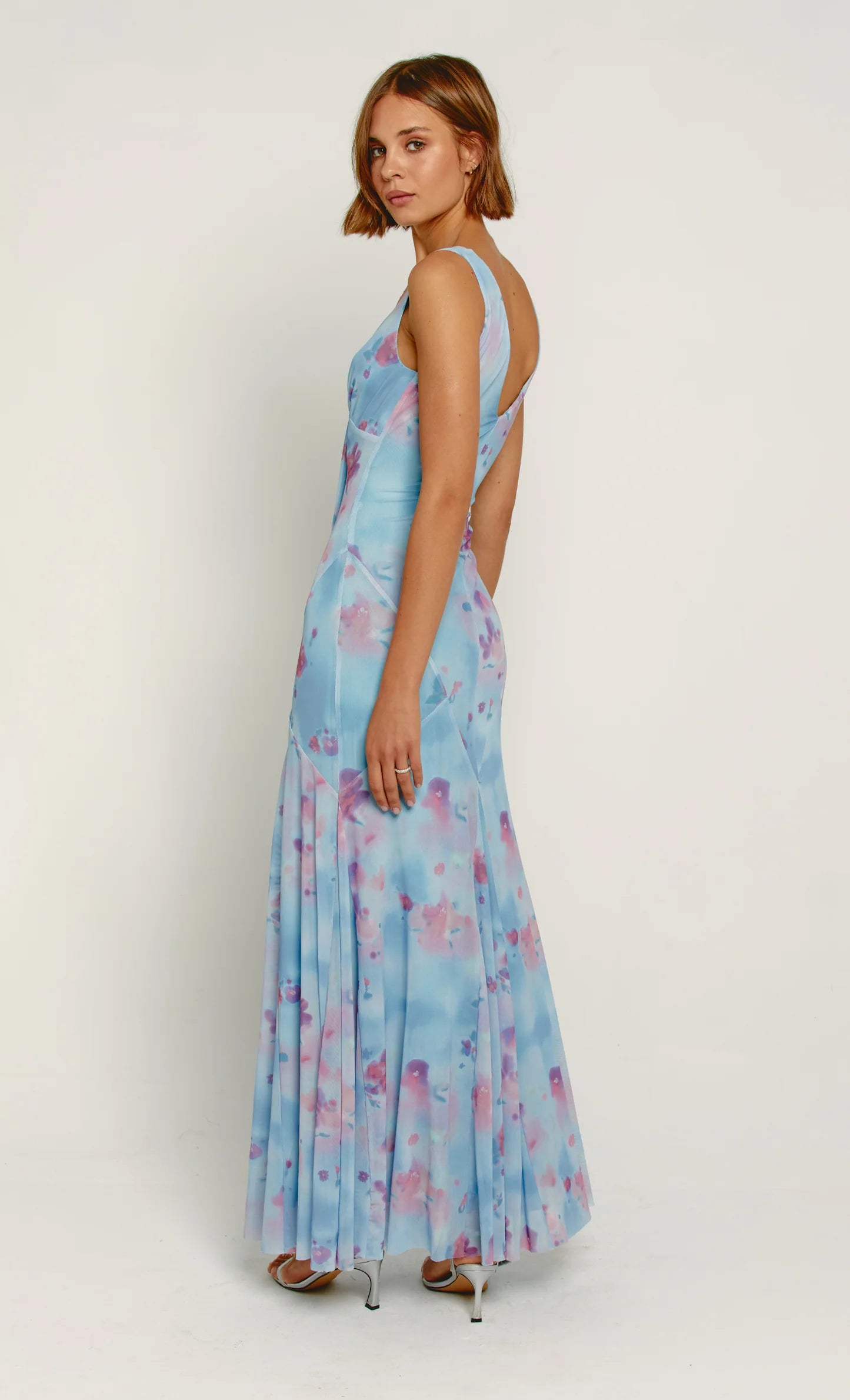 Blue Floral Blur Godet Maxi Dress