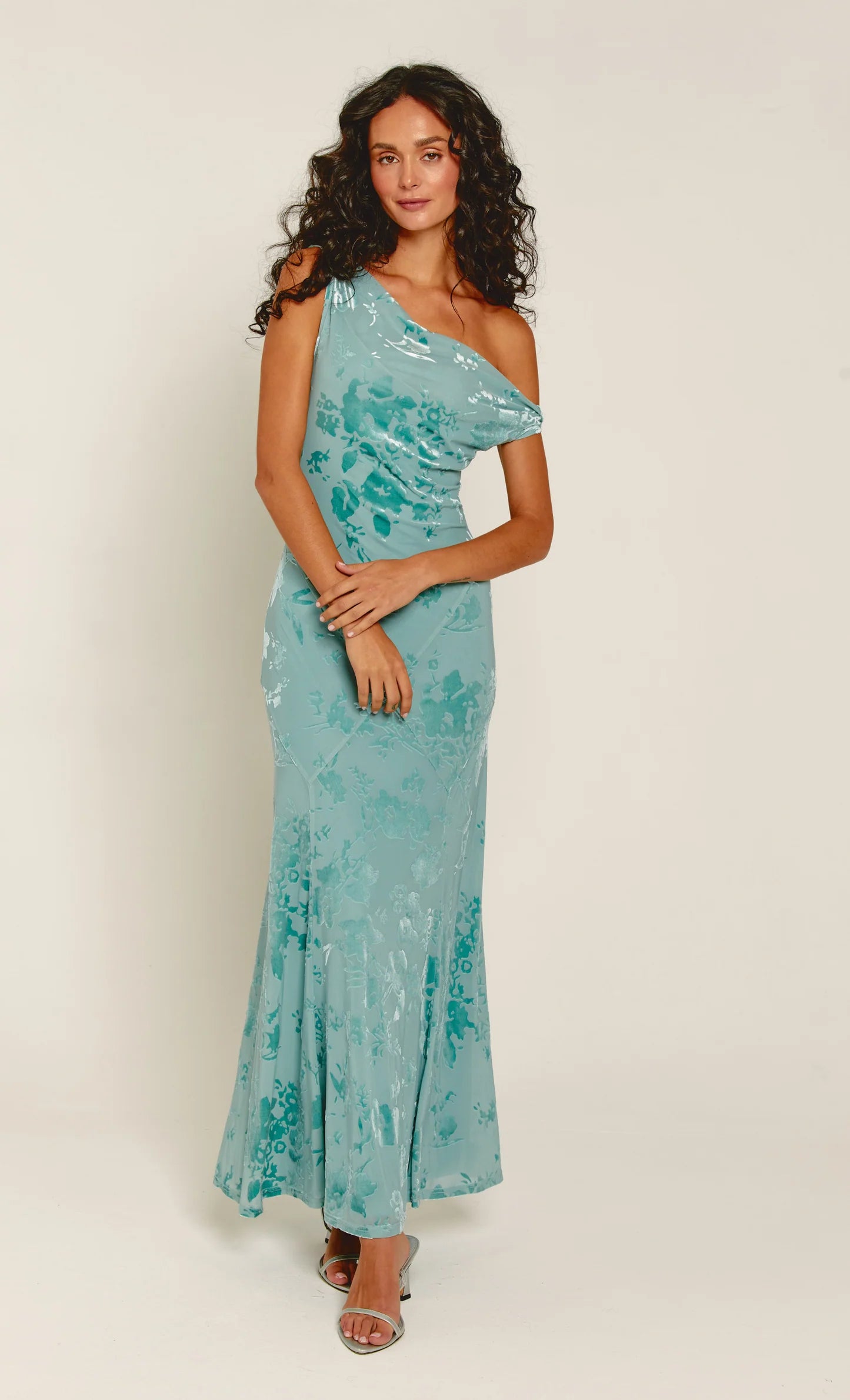 Blue Devore Fallen Shoulder Maxi Dress