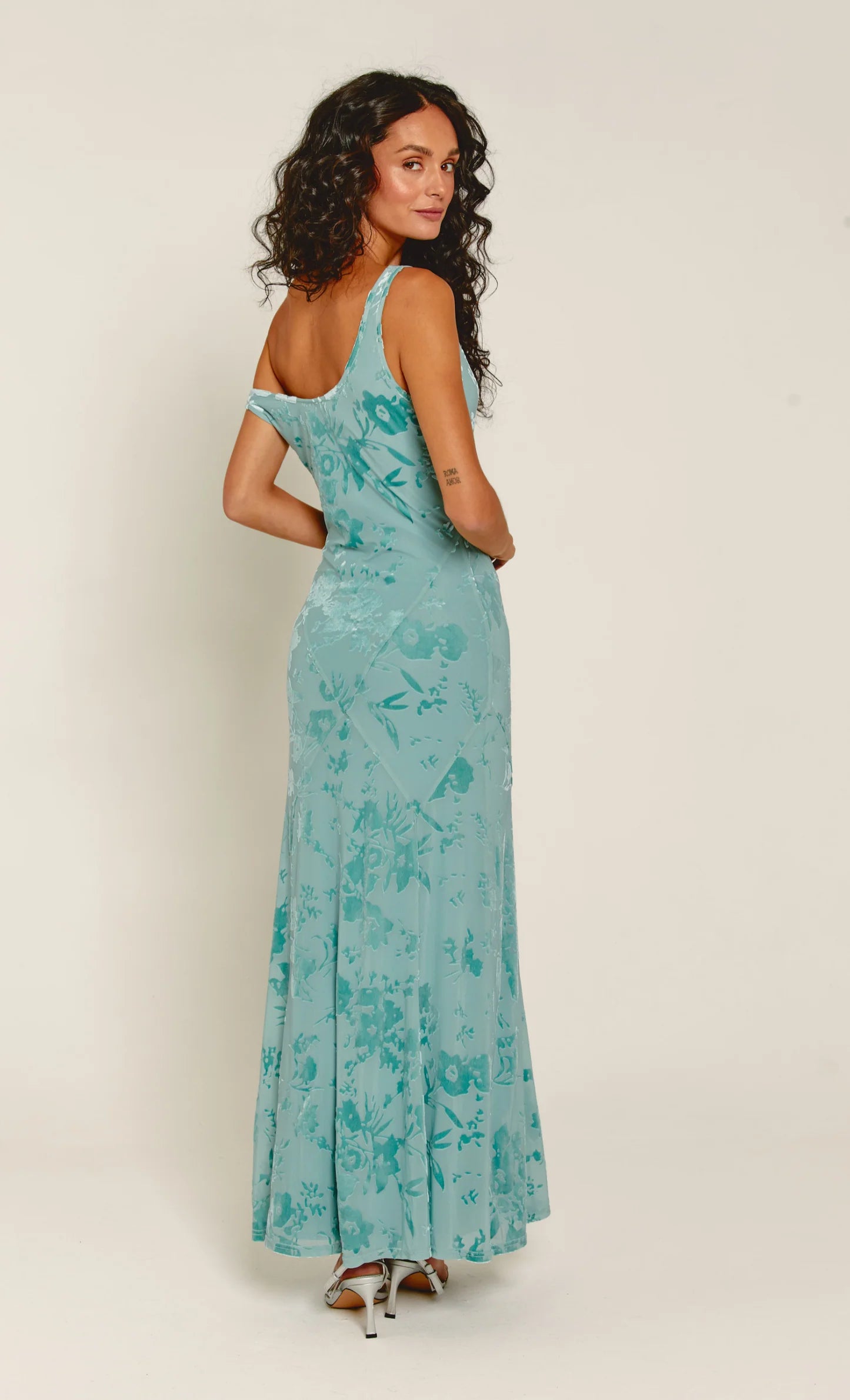 Blue Devore Fallen Shoulder Maxi Dress