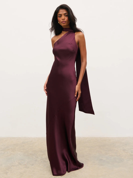 Sheree One Shoulder Sash Maxi Dress in Fig