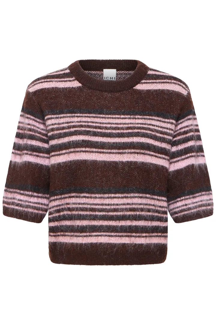 Ihallo Short Sleeve Knit Pullover in Fudge/Pink Stripe