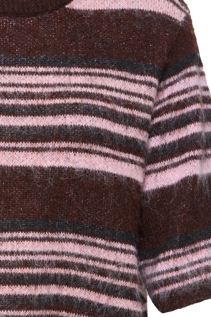 Ihallo Short Sleeve Knit Pullover in Fudge/Pink Stripe