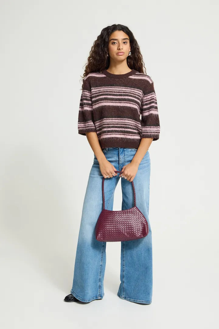 Ihallo Short Sleeve Knit Pullover in Fudge/Pink Stripe