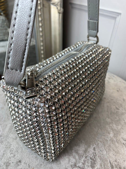 Silver diamanté clutch bag
