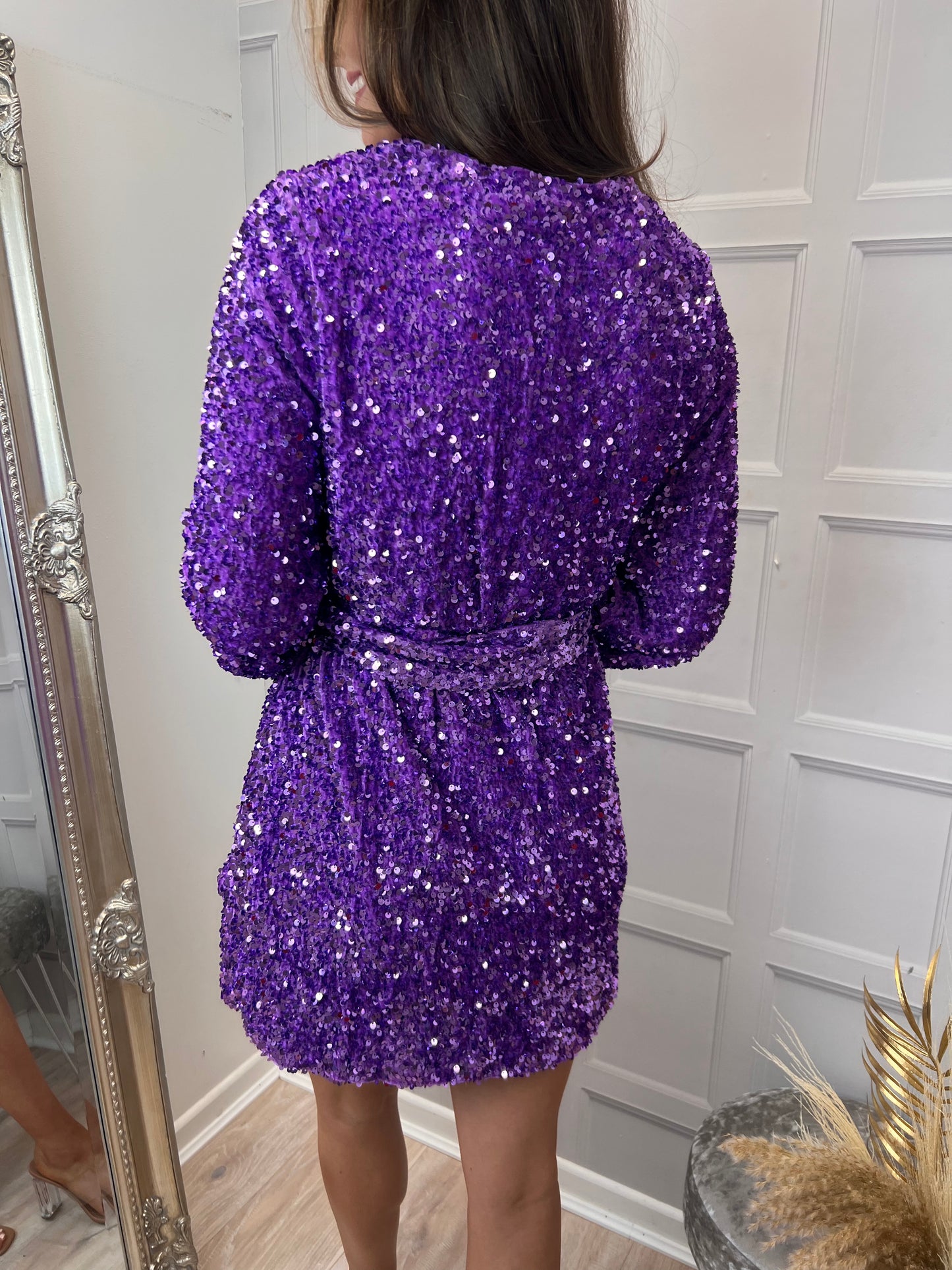 Purple Sequin Tue Waist Wrap Mini Dress