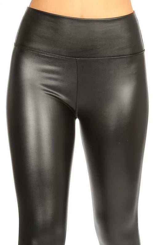 Black faux plain leather look leggings